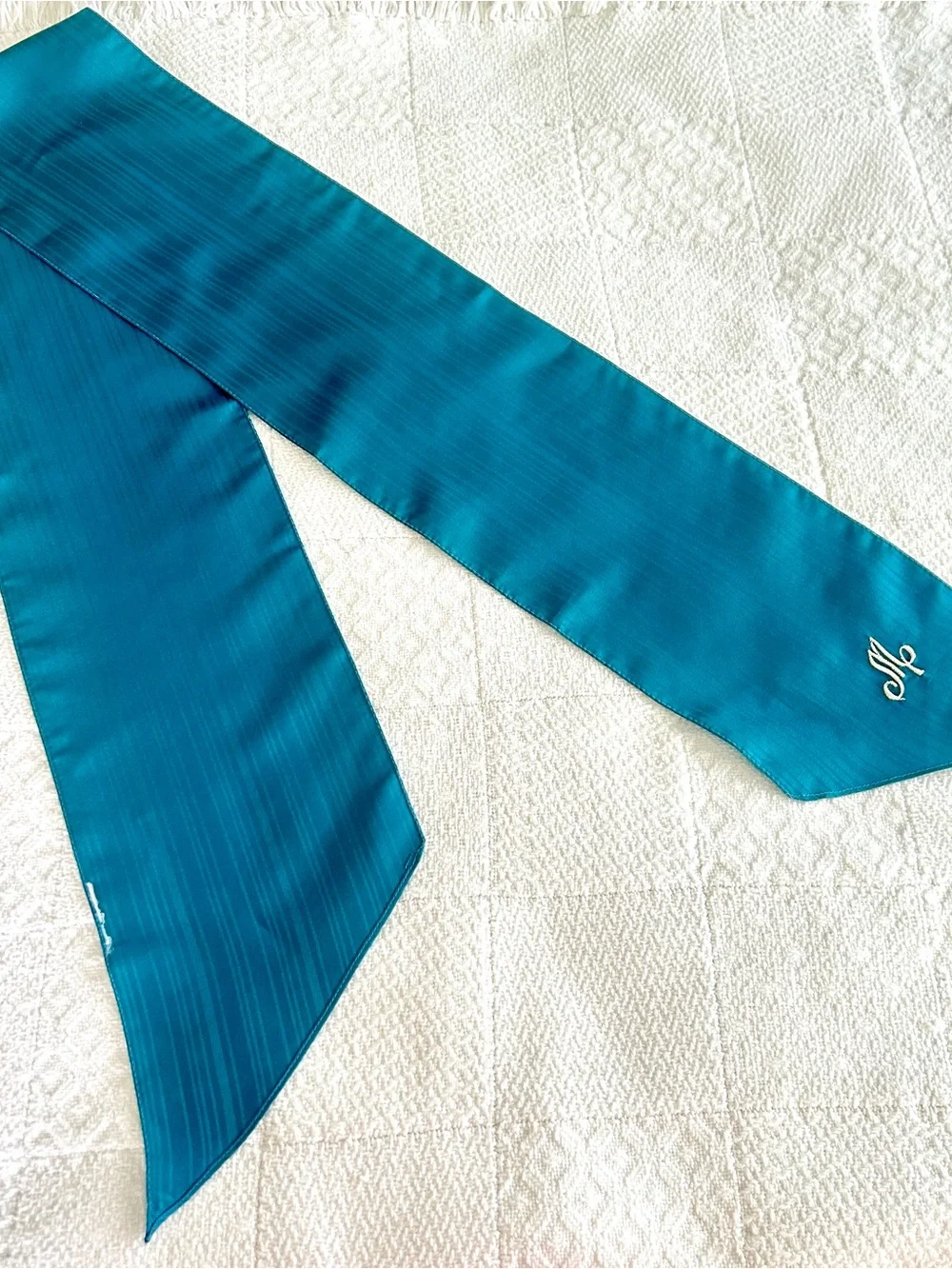 Vintage Teal Blue Green Scarf Monogram M 1970s Career Wear